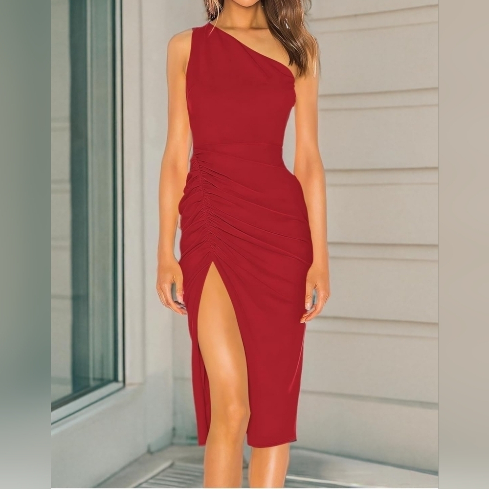 Womens One Shoulder Sleeveless Ruched Bodycon Midi Dress, Bright Red